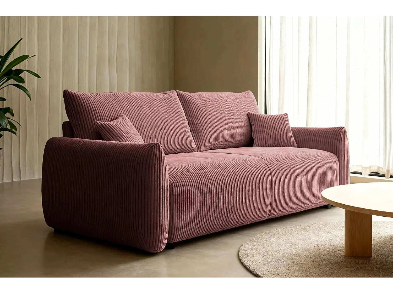 ELIO - Canapé droit convertible petit velours côtelé - Rose