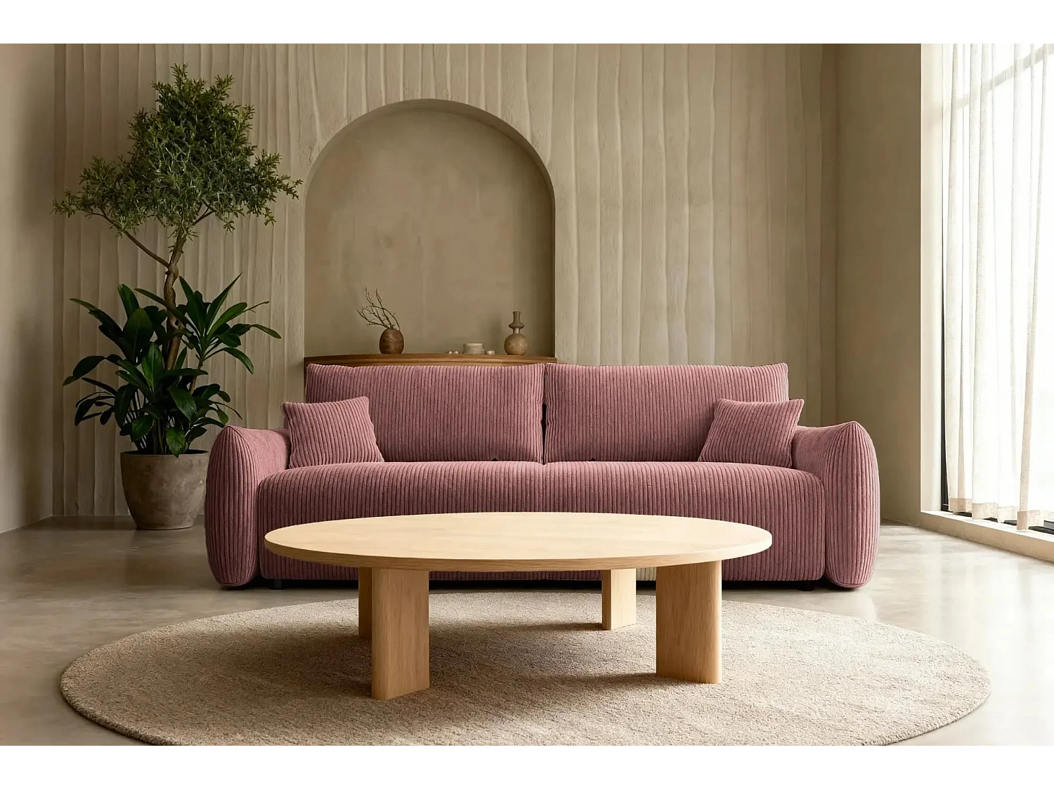 ELIO - Canapé droit convertible petit velours côtelé 3 places - Rose