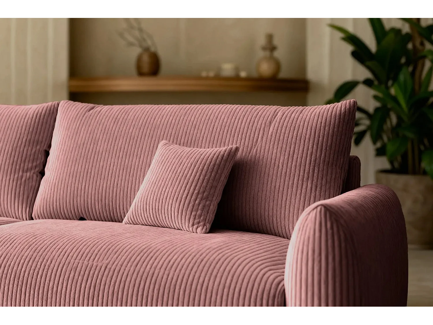 ELIO - Canapé droit convertible petit velours côtelé 3 places - Rose