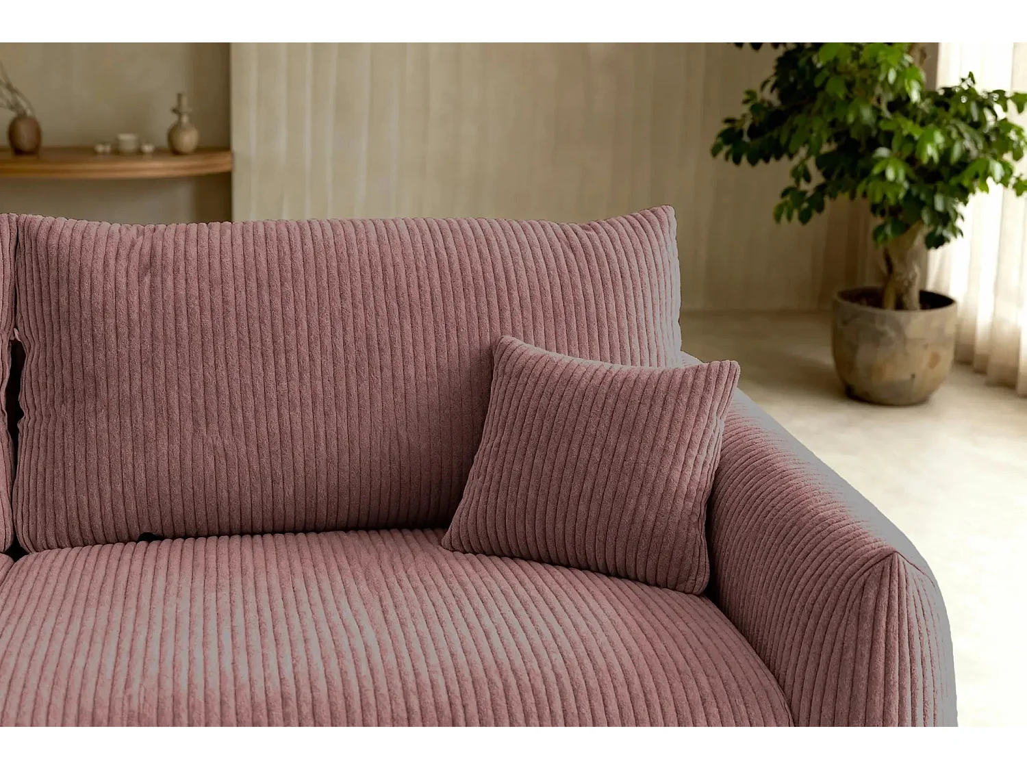 ELIO - Canapé droit convertible petit velours côtelé 3 places - Rose