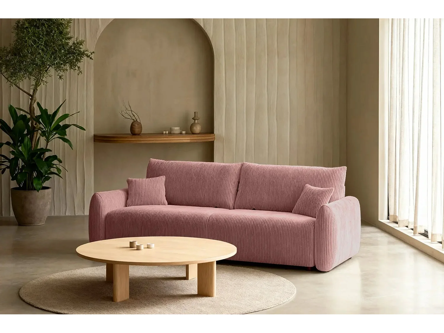ELIO - Canapé droit convertible petit velours côtelé 3 places - Rose