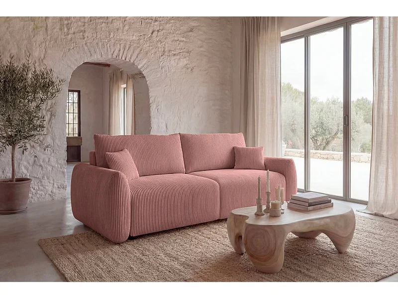 ELIO - Canapé droit convertible petit velours côtelé 3 places - Rose