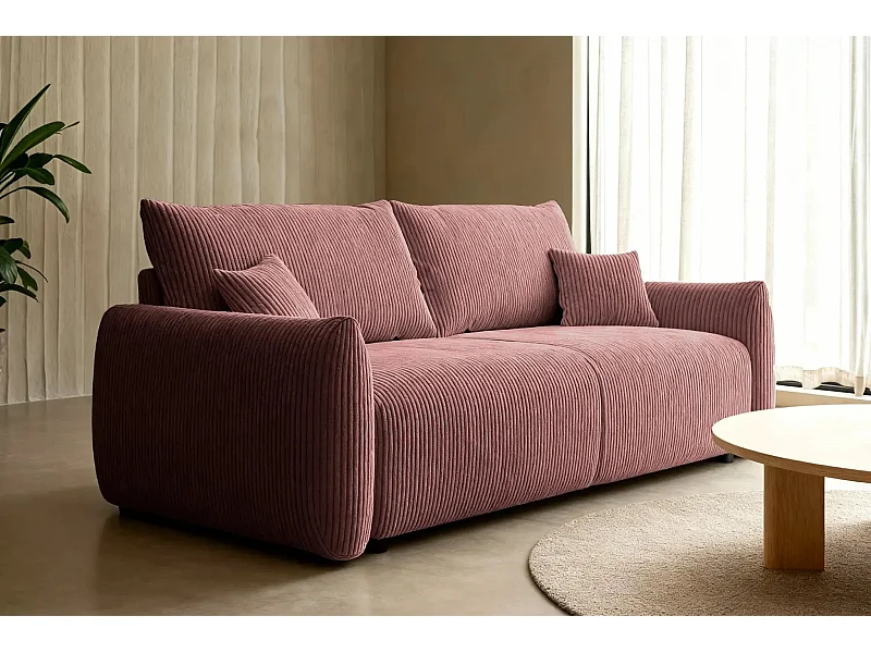 ELIO - Canapé droit convertible petit velours côtelé 3 places - Rose