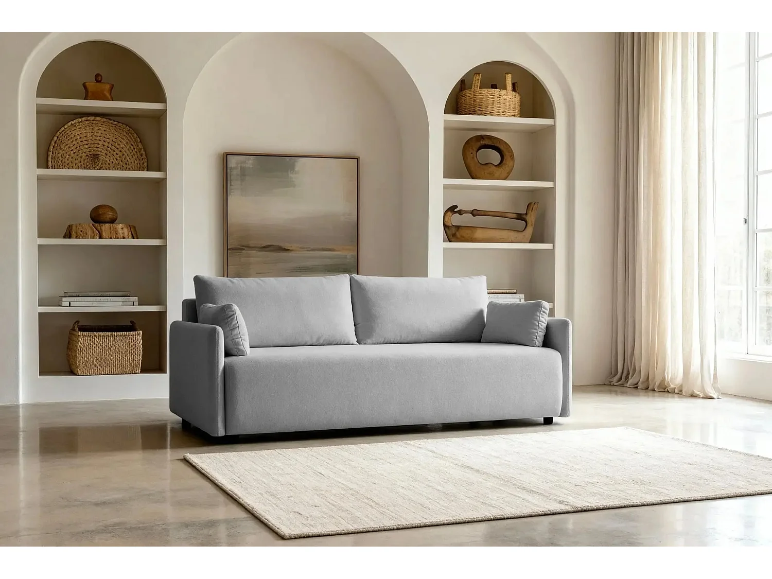 AXELLE - Canapé droit convertible tissu lisse - Gris clair