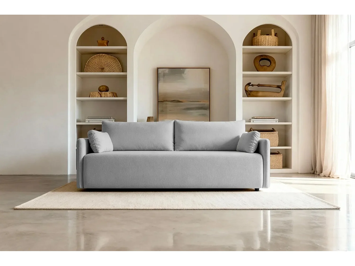 AXELLE - Canapé droit convertible tissu lisse - Gris clair