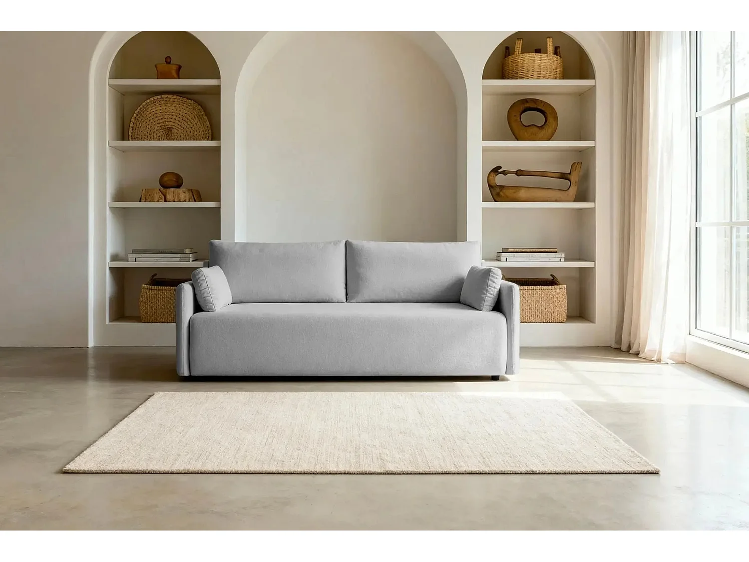 AXELLE - Canapé droit convertible tissu lisse - Gris clair