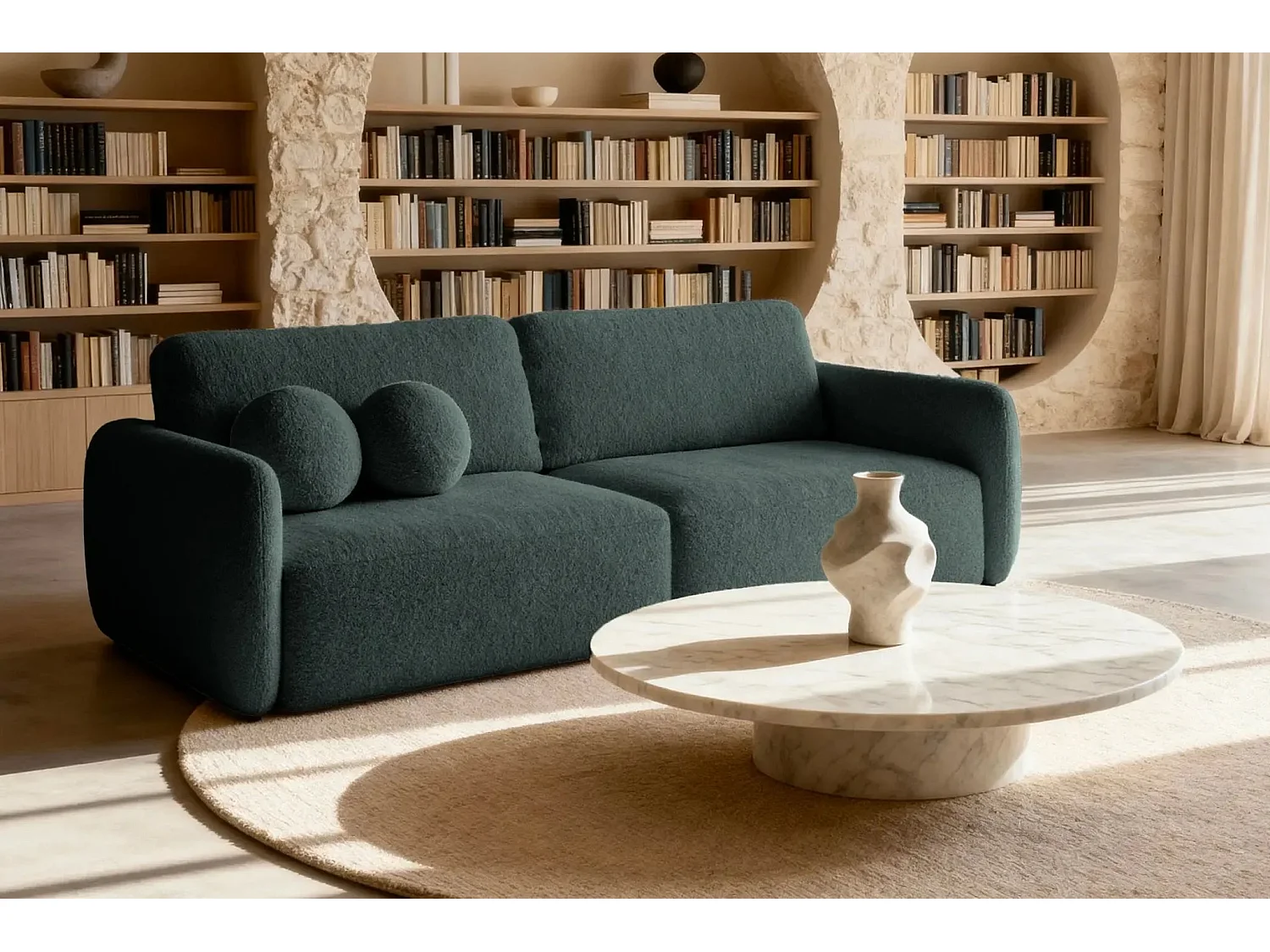 GIGI - Canapé droit convertible tissu bouclette 3 places - Vert