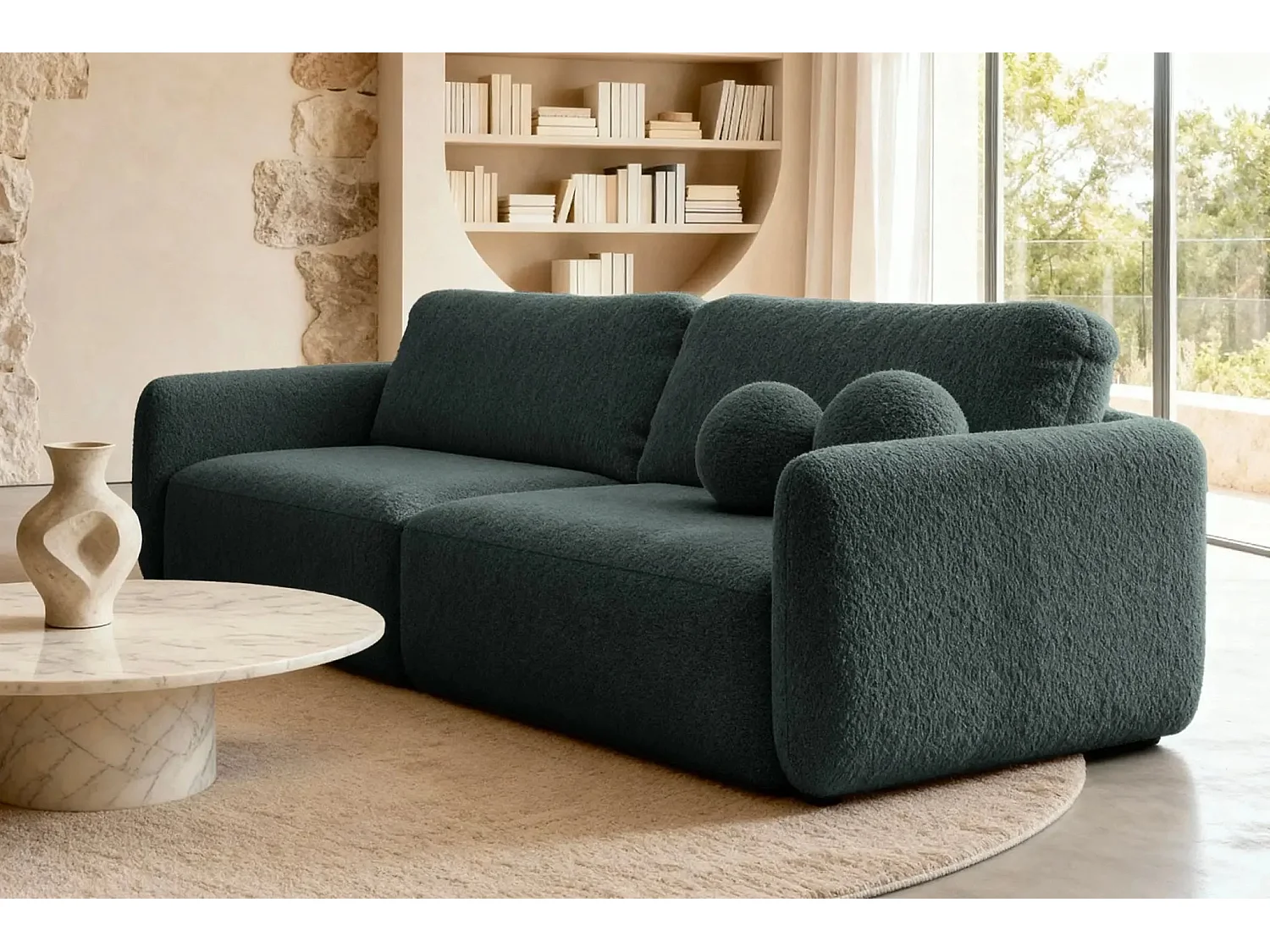 GIGI - Canapé droit convertible tissu bouclette 3 places - Vert