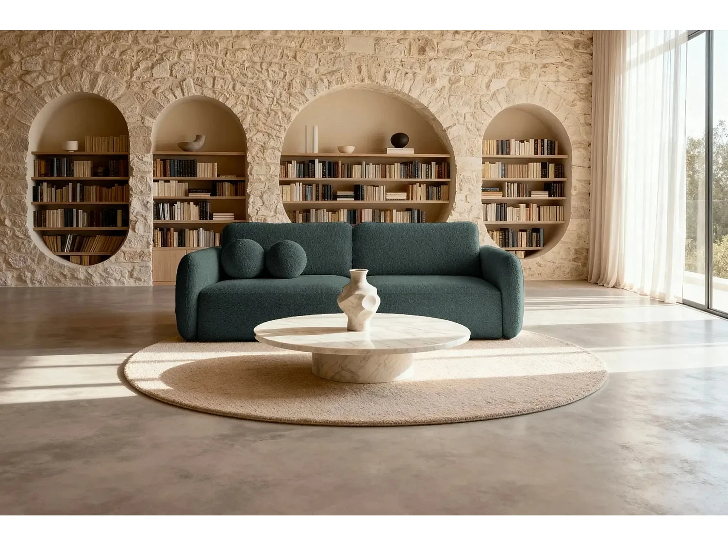 GIGI - Canapé droit convertible tissu bouclette 3 places - Vert