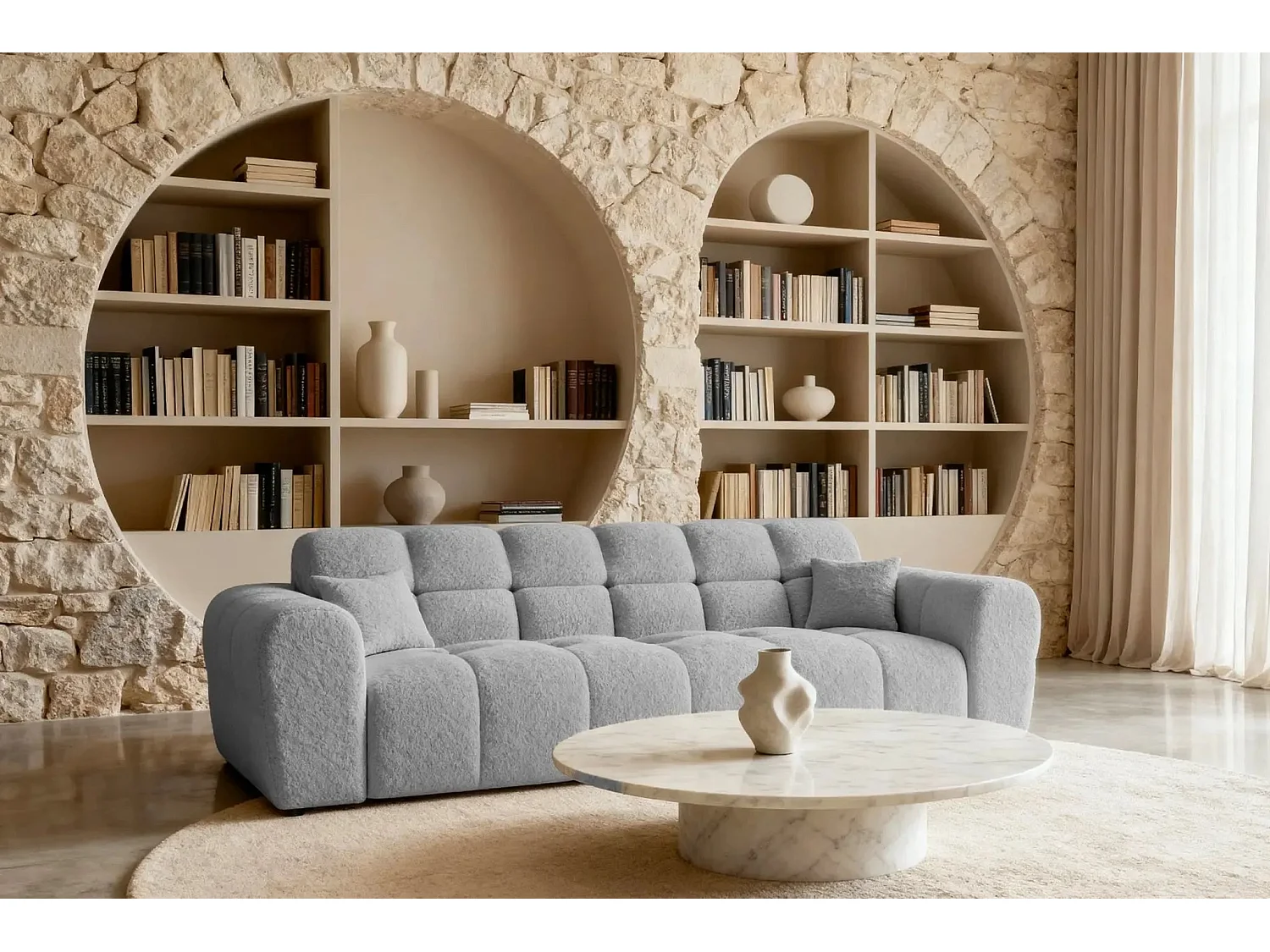 ALEXIA - Canapé droit tissu bouclette 3 places - Gris clair