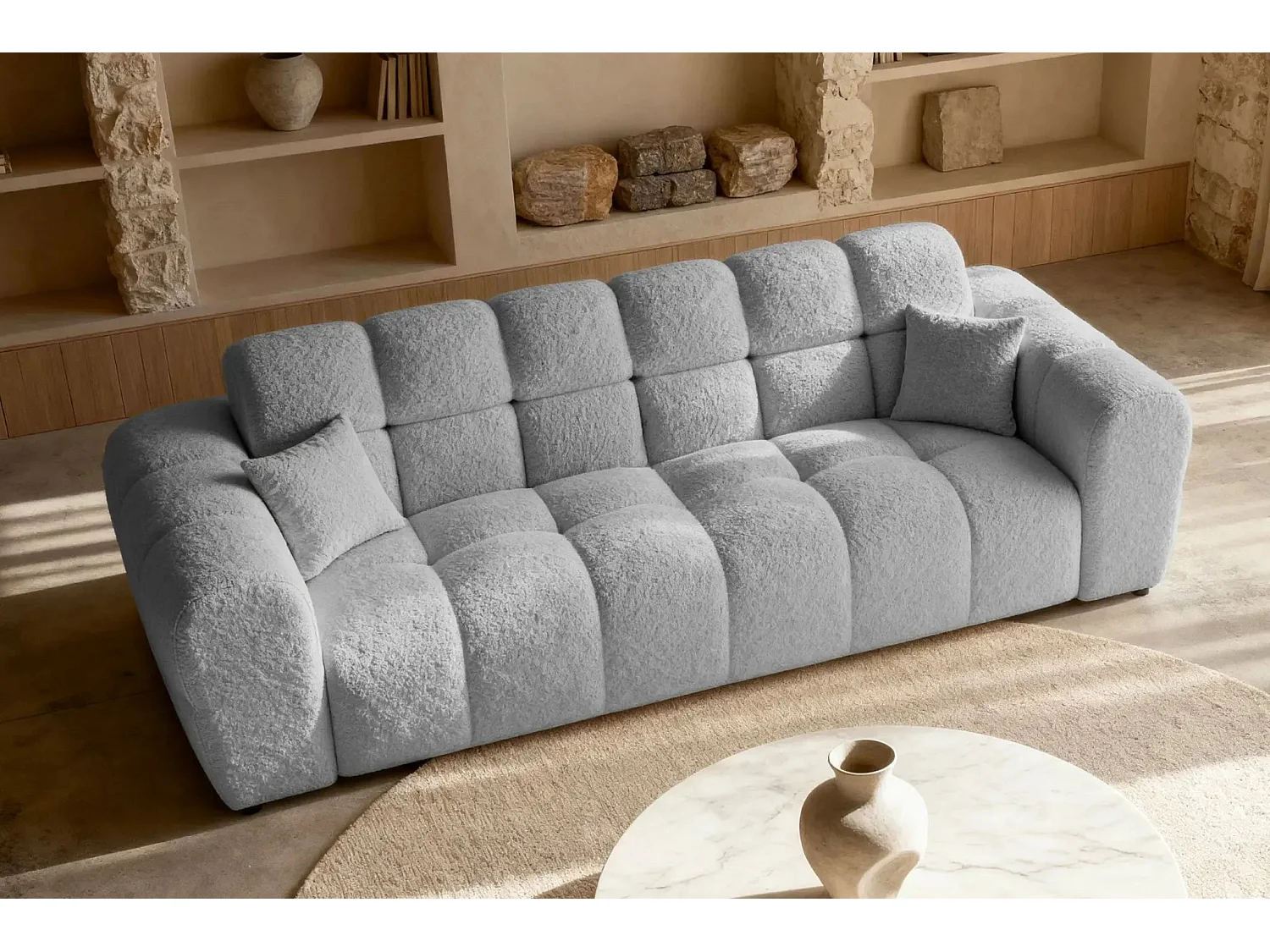 ALEXIA - Canapé droit tissu bouclette 3 places - Gris clair