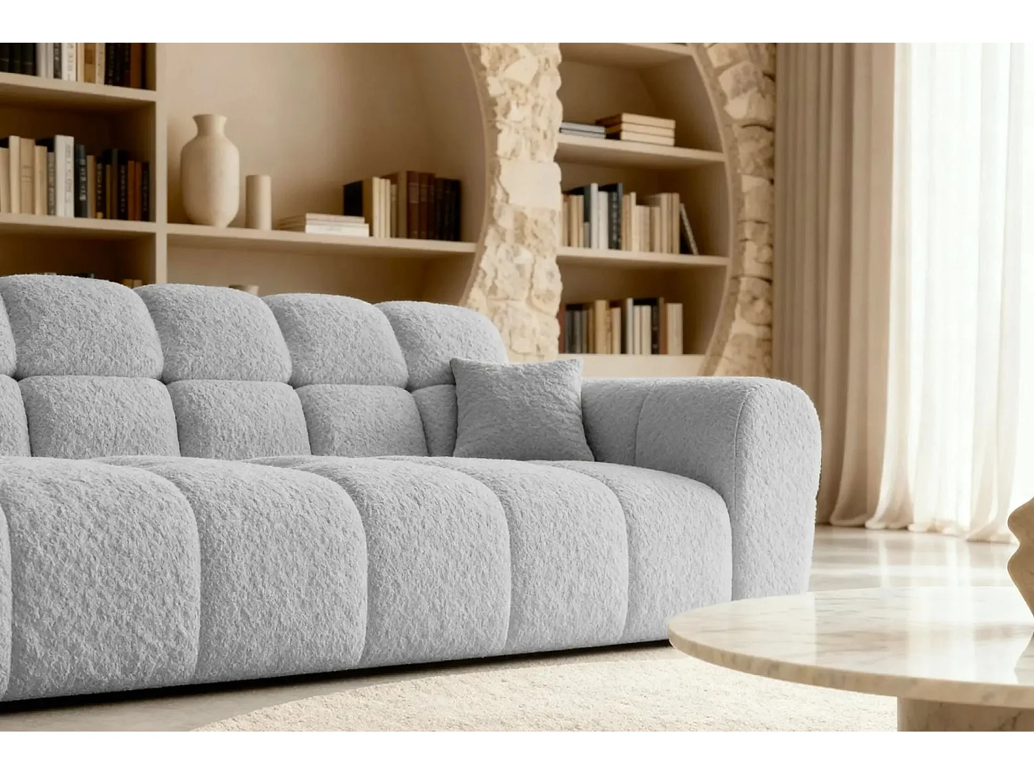 ALEXIA - Canapé droit tissu bouclette 3 places - Gris clair