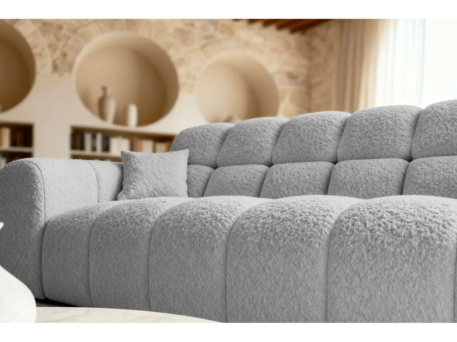 ALEXIA - Canapé droit tissu bouclette 3 places - Gris clair