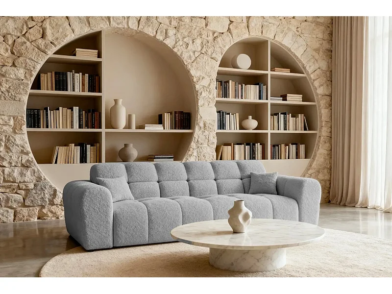 ALEXIA - Canapé droit tissu bouclette 3 places - Gris clair