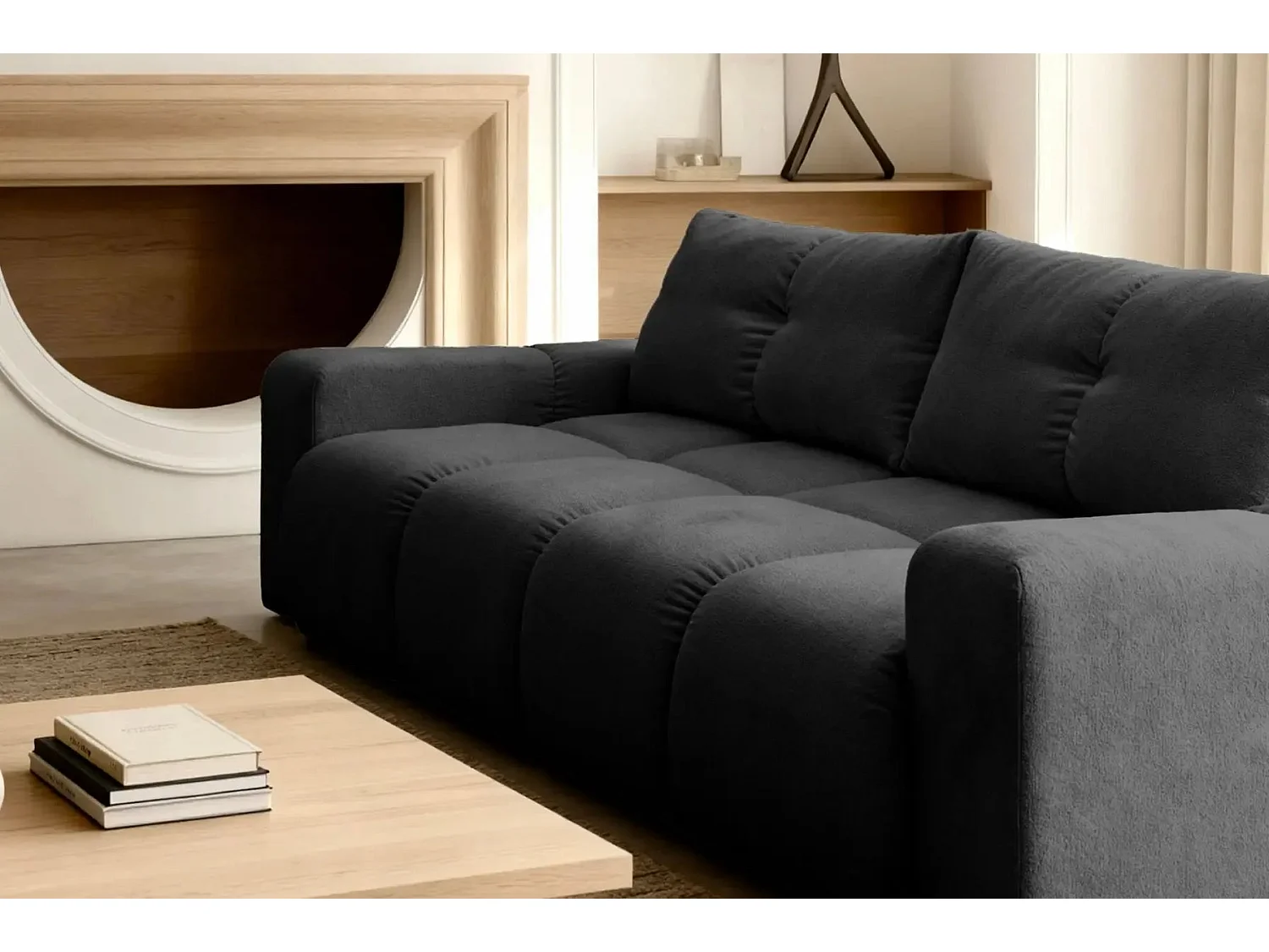 CONSTANCE - Canapé droit convertible tissu chenille 4 places - Noir