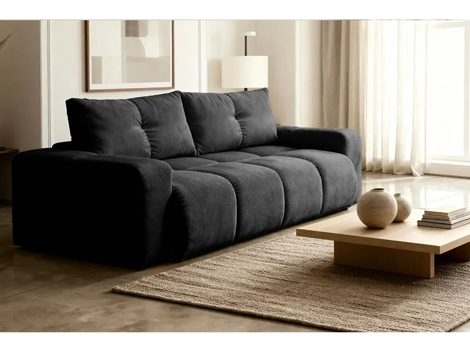 CONSTANCE - Canapé droit convertible tissu chenille 4 places - Noir