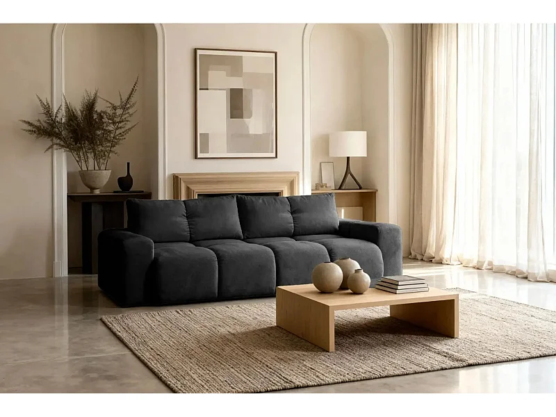 CONSTANCE - Canapé droit convertible tissu chenille 4 places - Noir