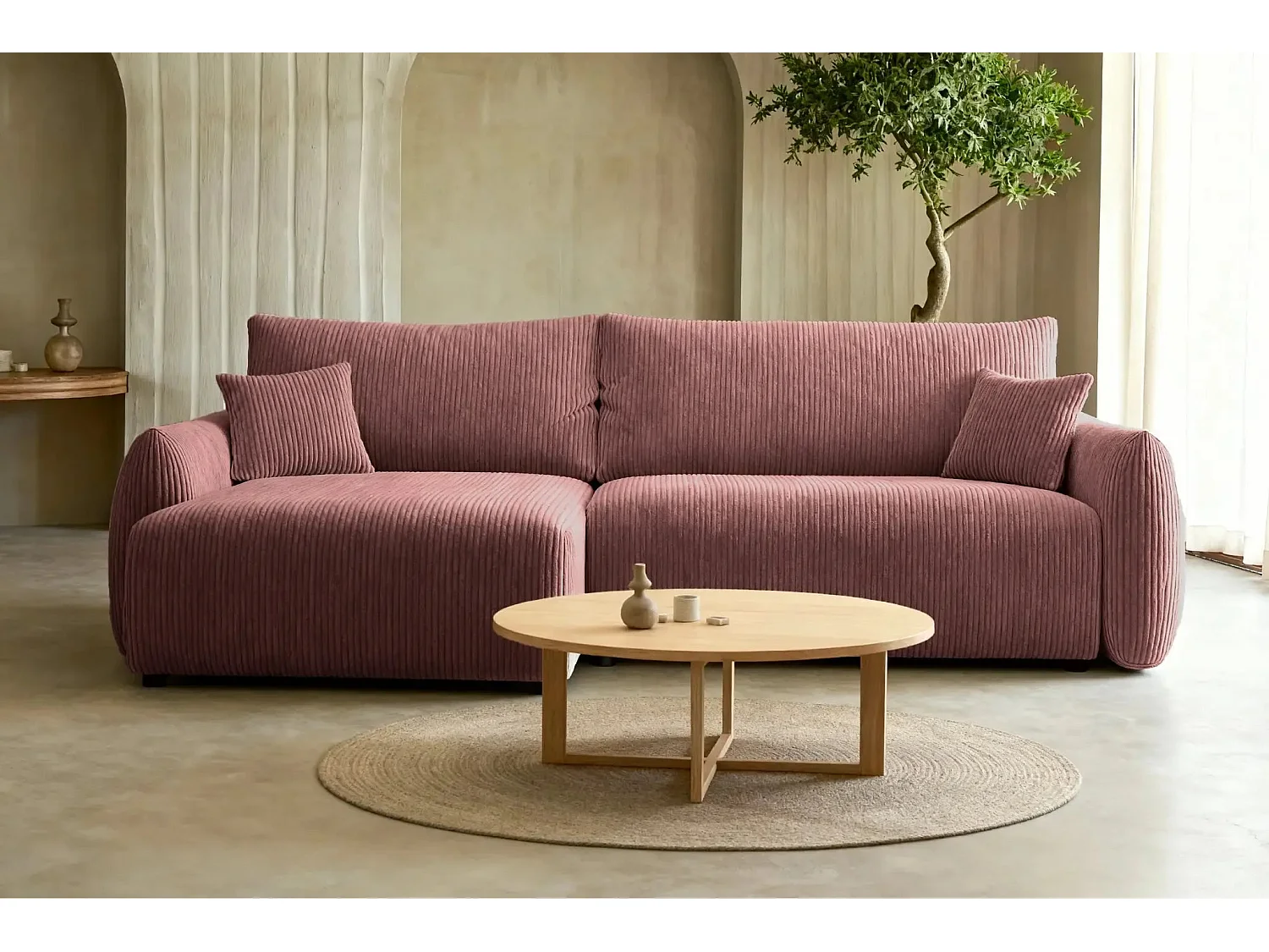 ELIO - Canapé d'angle convertible petit velours côtelé 4 places - Rose