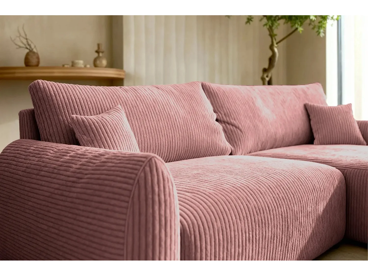 ELIO - Canapé d'angle convertible petit velours côtelé 4 places - Rose