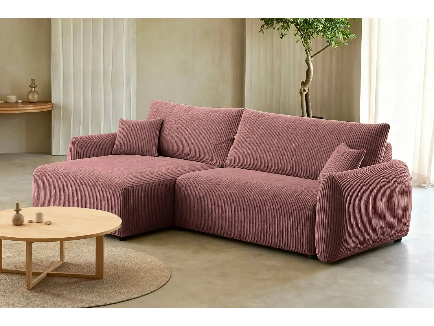 ELIO - Canapé d'angle convertible petit velours côtelé 4 places - Rose