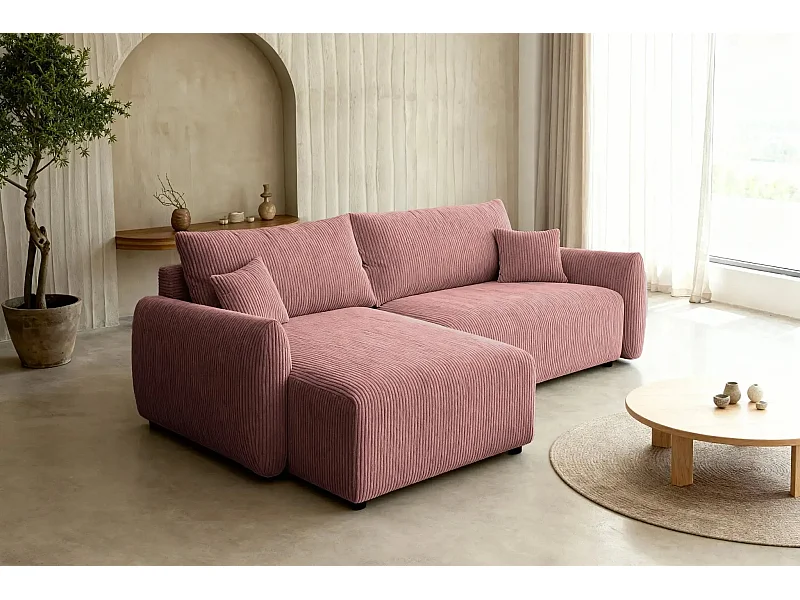 ELIO - Canapé d'angle convertible petit velours côtelé 4 places - Rose