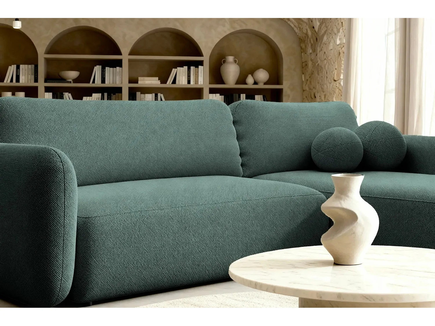 GIGI - Canapé d'angle convertible tissu bouclette 4 places - Vert - Gauche