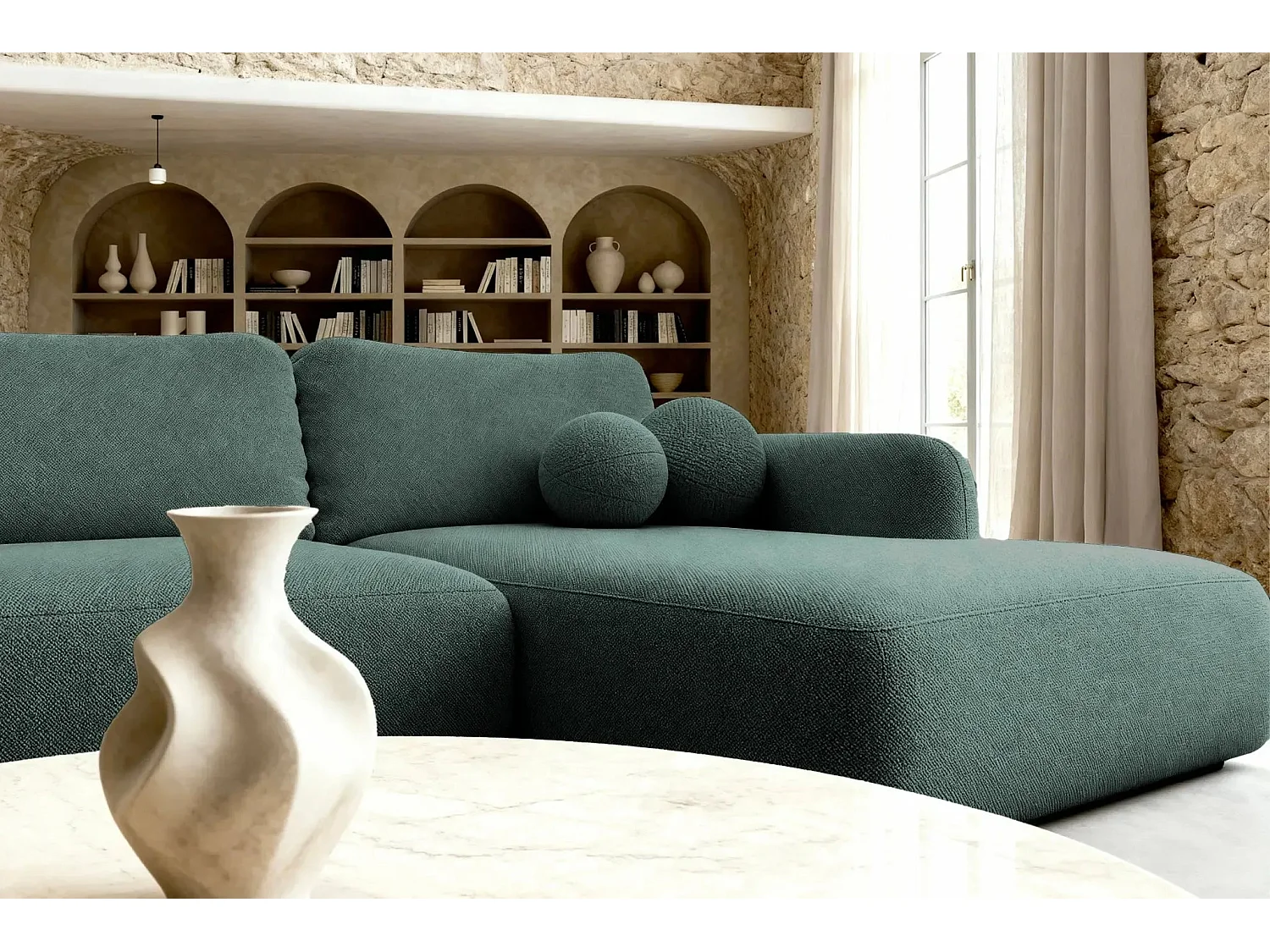 GIGI - Canapé d'angle convertible tissu bouclette 4 places - Vert - Gauche