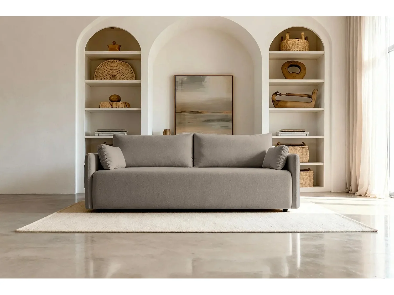 AXELLE - Canapé droit convertible tissu lisse - Café clair