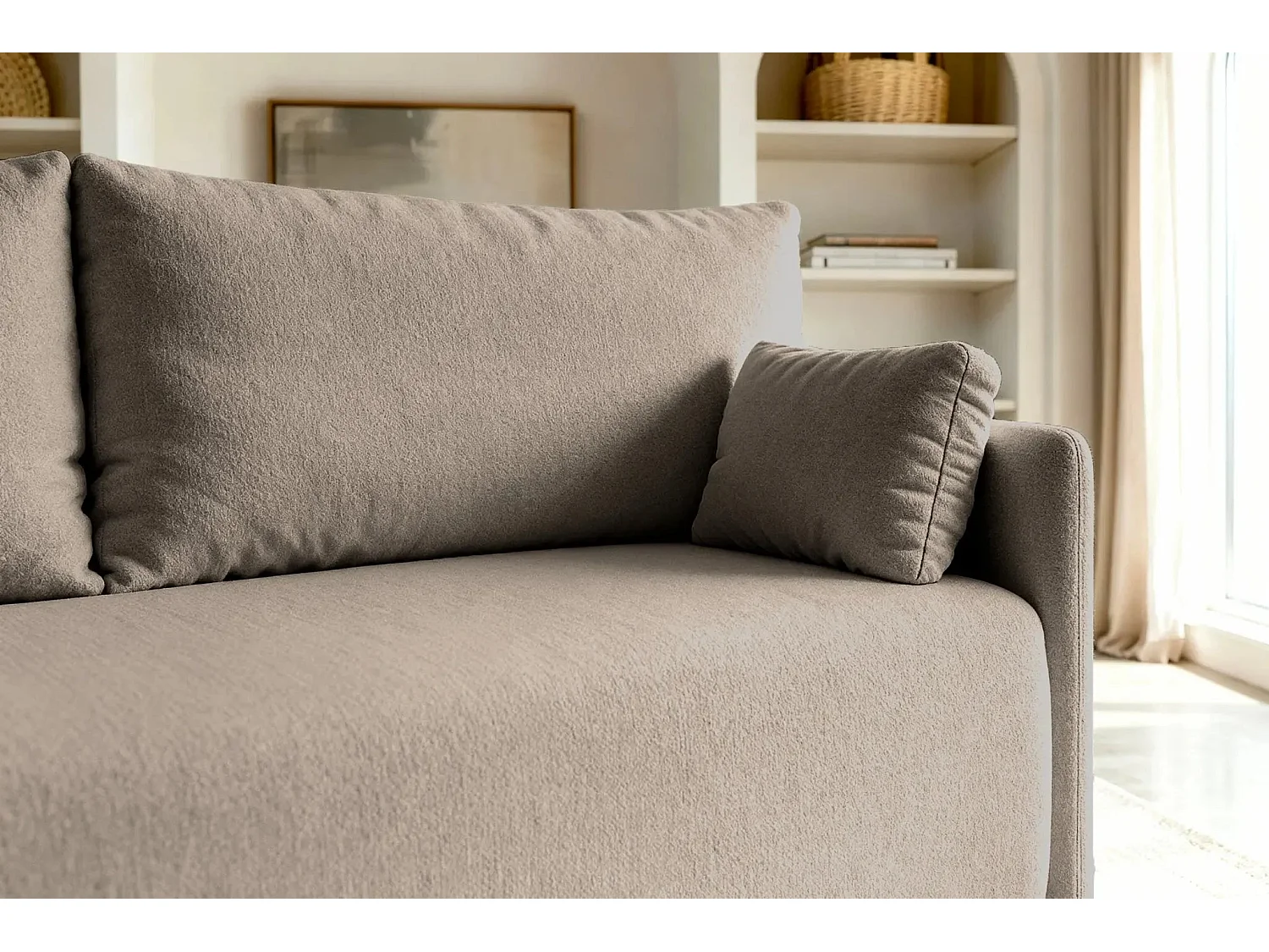 AXELLE - Canapé droit convertible tissu lisse - Café clair