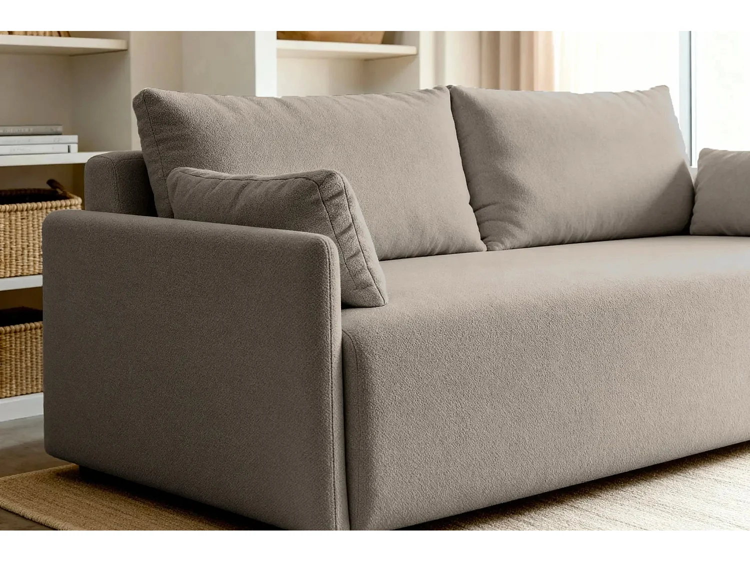 AXELLE - Canapé droit convertible tissu lisse 2 places - Café clair