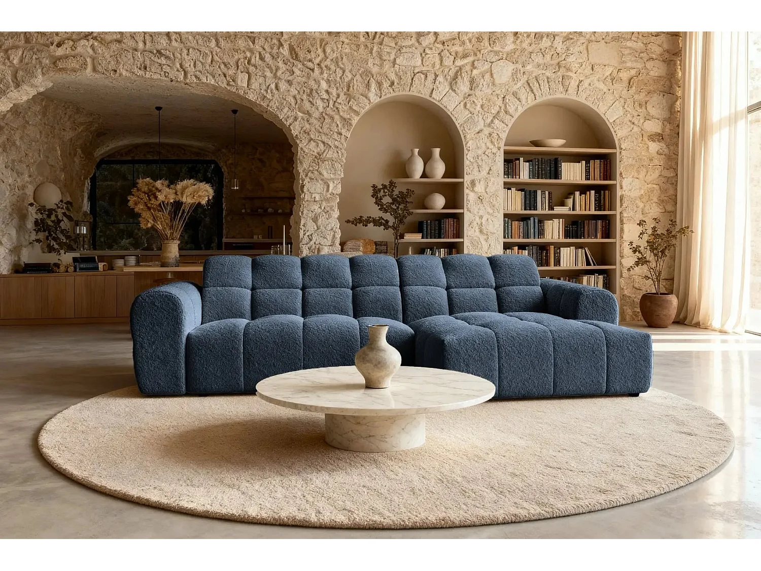 ALEXIA - Canapé d'angle tissu bouclette 4 places - Bleu - Droit