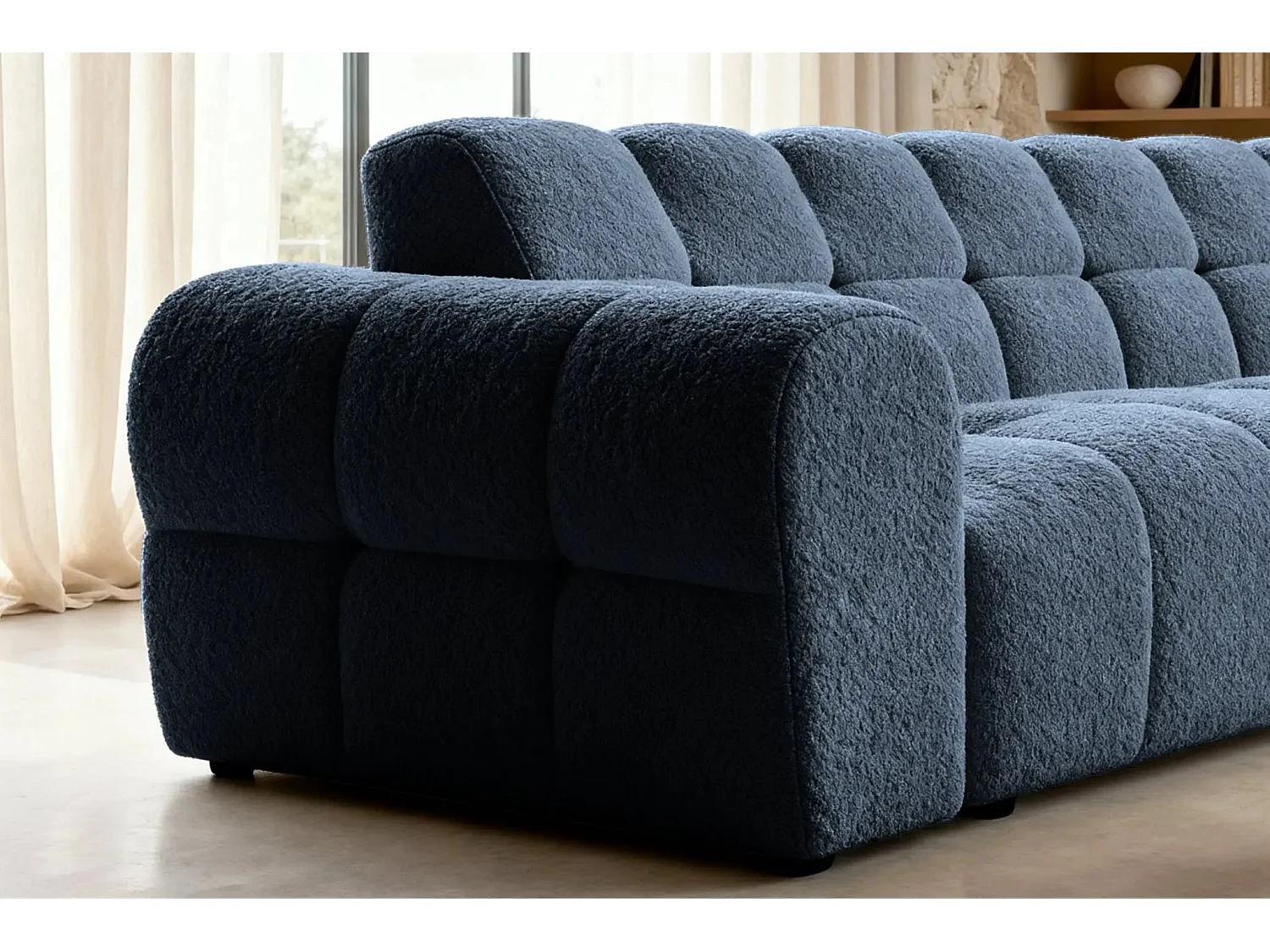 ALEXIA - Canapé d'angle tissu bouclette 4 places - Bleu - Droit