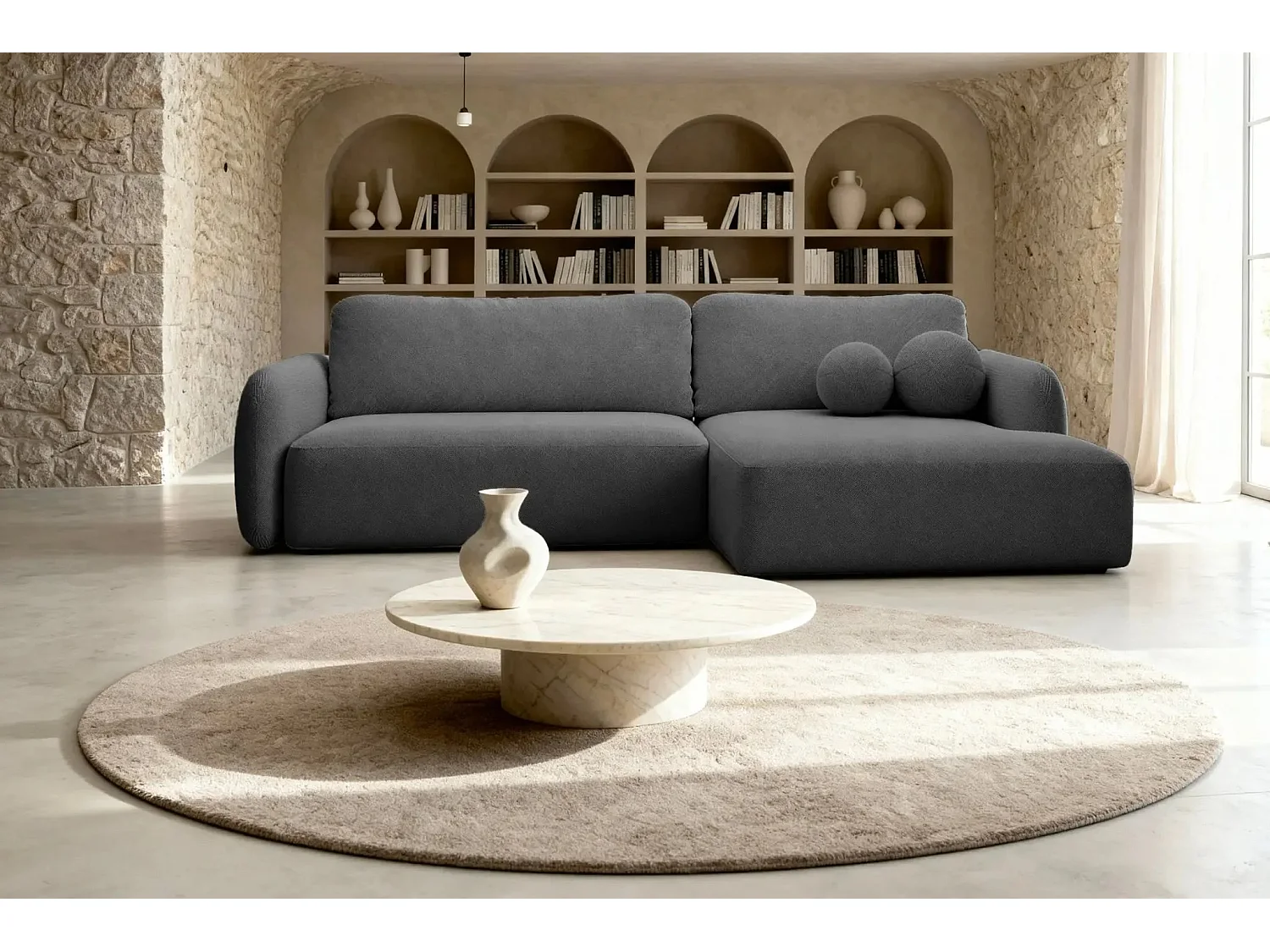 GIGI - Canapé d'angle convertible tissu bouclette 4 places - Gris foncé - Gauche