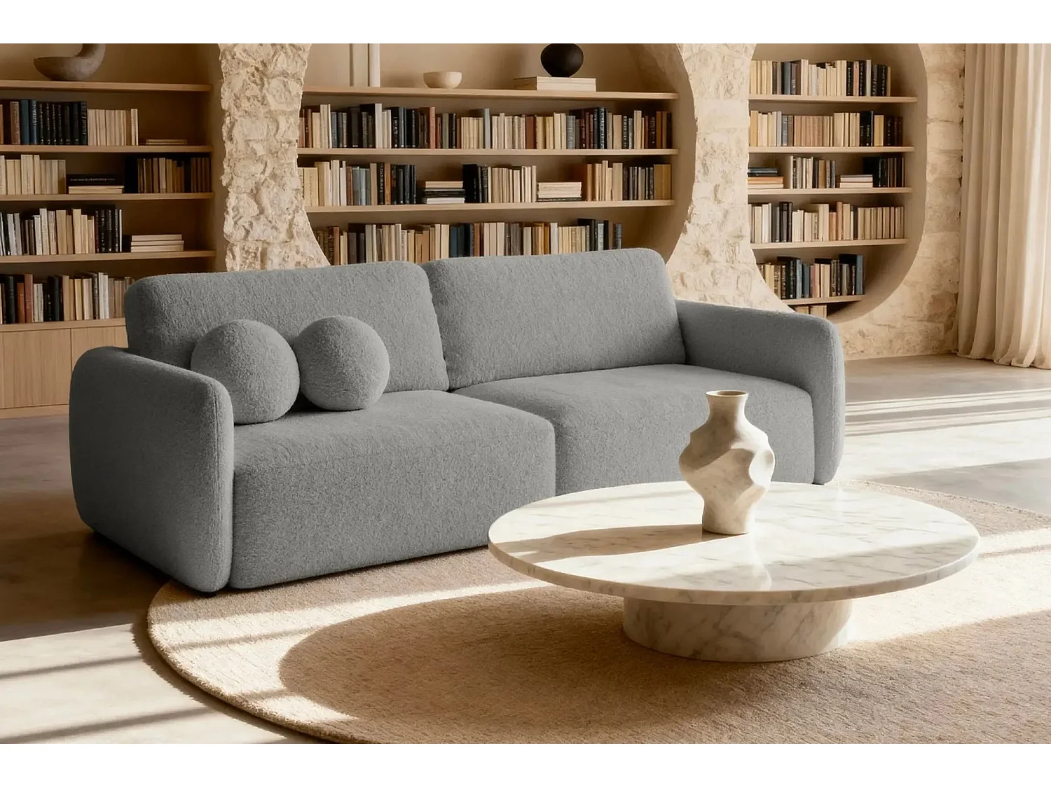 GIGI - Canapé droit convertible tissu bouclette 3 places - Gris clair