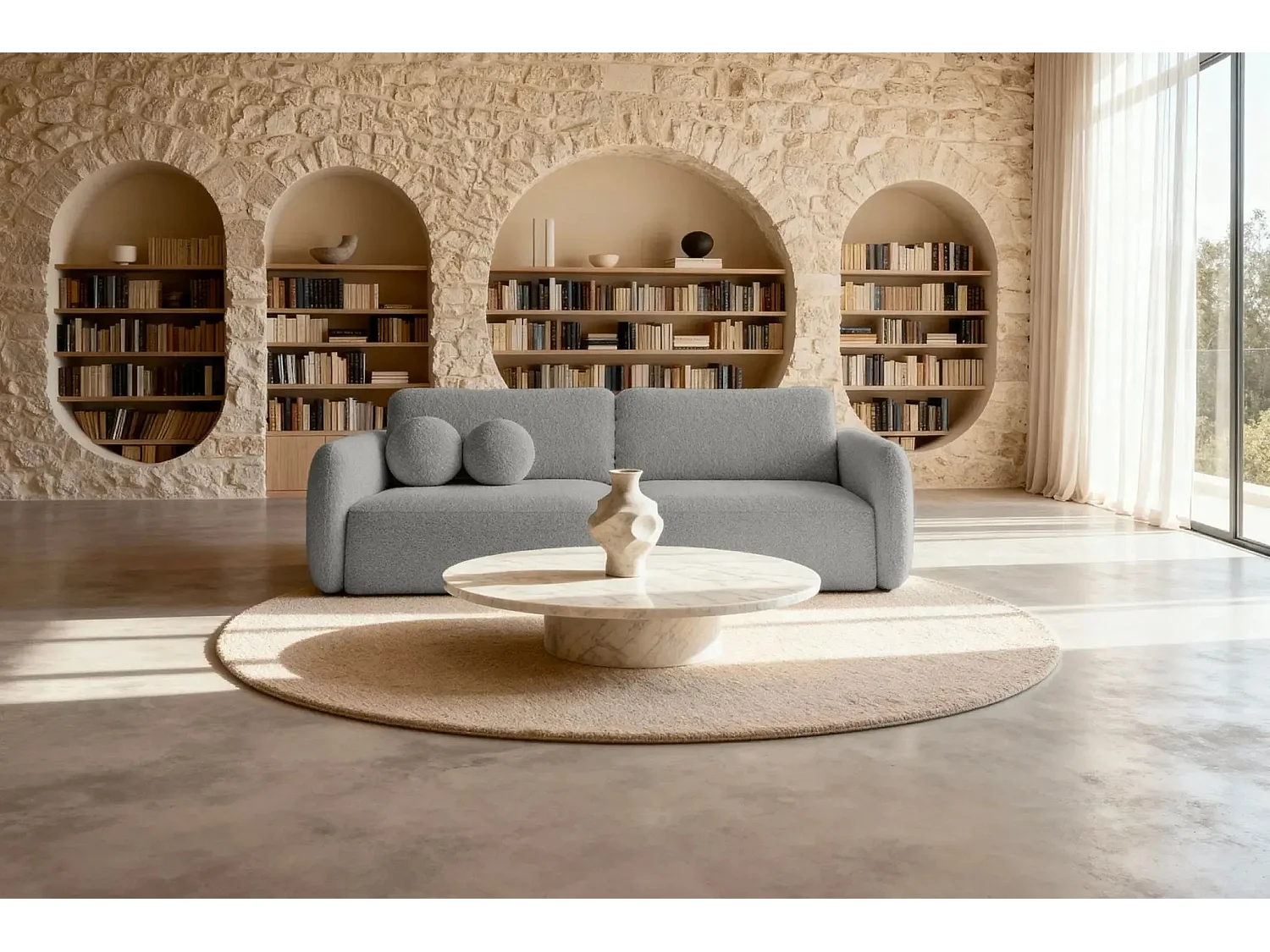 GIGI - Canapé droit convertible tissu bouclette 3 places - Gris clair