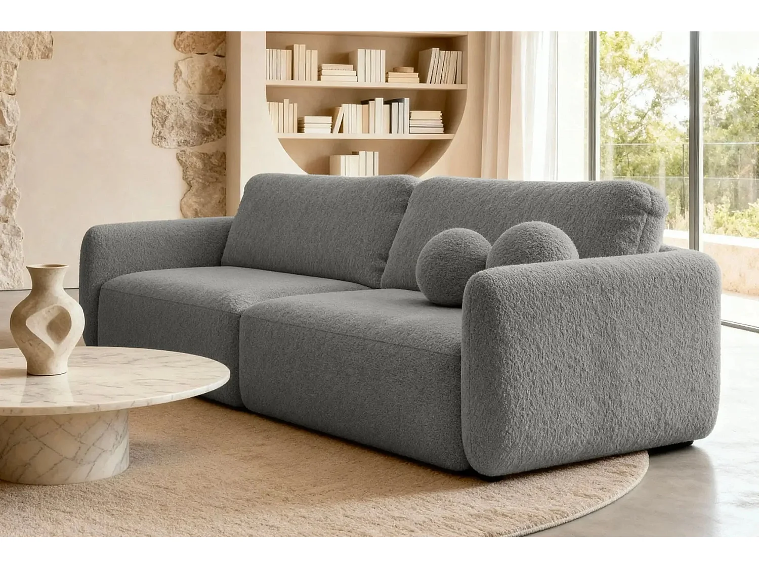 GIGI - Canapé droit convertible tissu bouclette 3 places - Gris clair