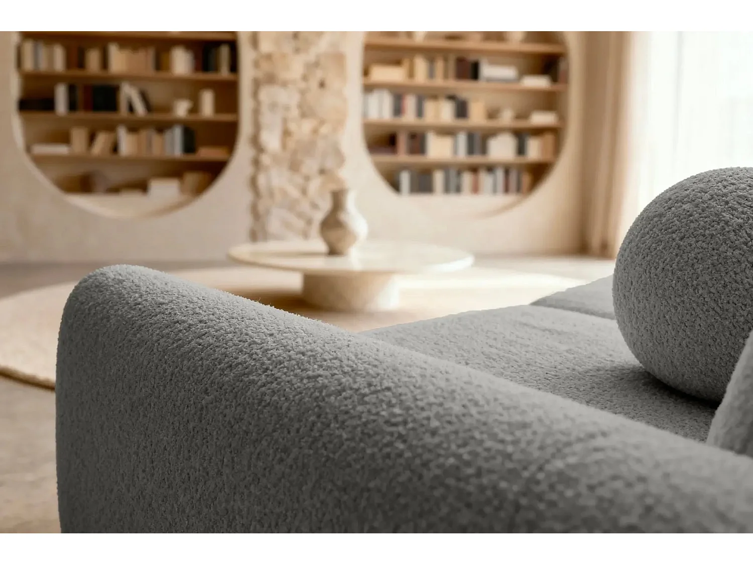 GIGI - Canapé droit convertible tissu bouclette 3 places - Gris clair