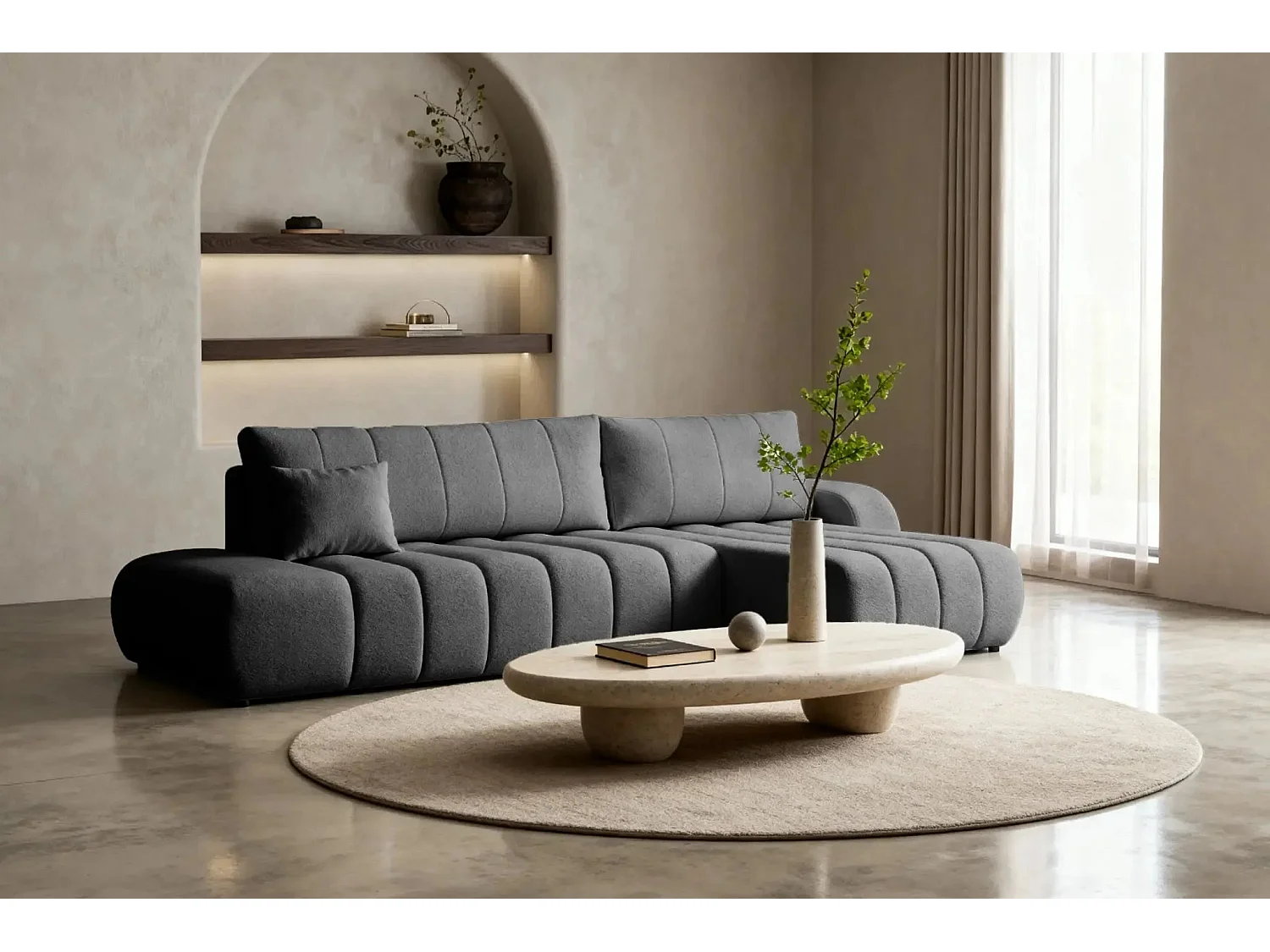 CELESTE - Canapé d'angle convertible tissu bouclette 4 places - Gris - Gauche