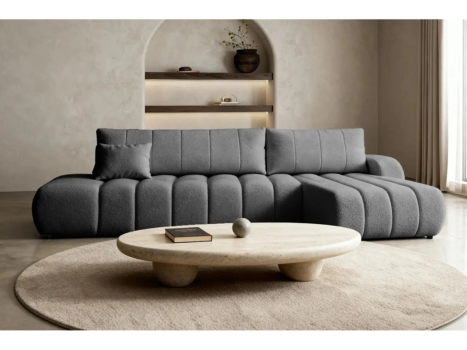 CELESTE - Canapé d'angle convertible tissu bouclette 4 places - Gris - Gauche