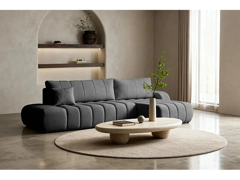 CELESTE - Canapé d'angle convertible tissu bouclette 4 places - Gris - Gauche