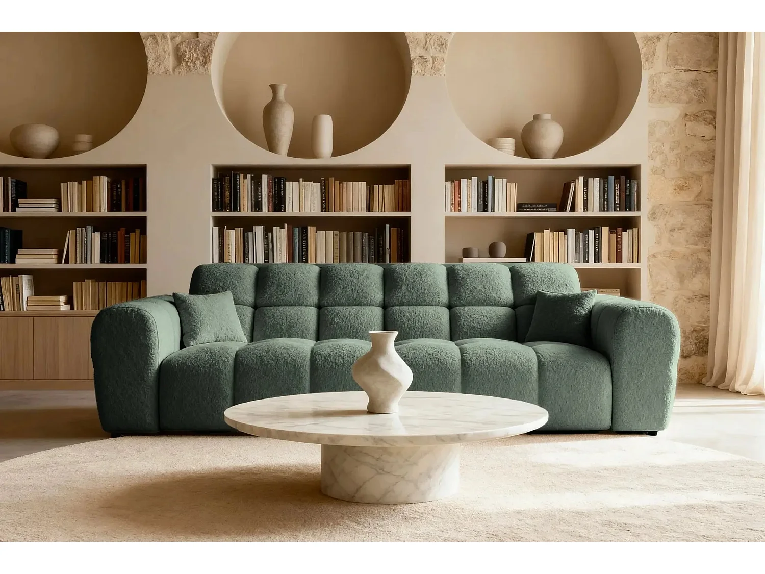 ALEXIA - Canapé droit tissu bouclette 3 places - Vert