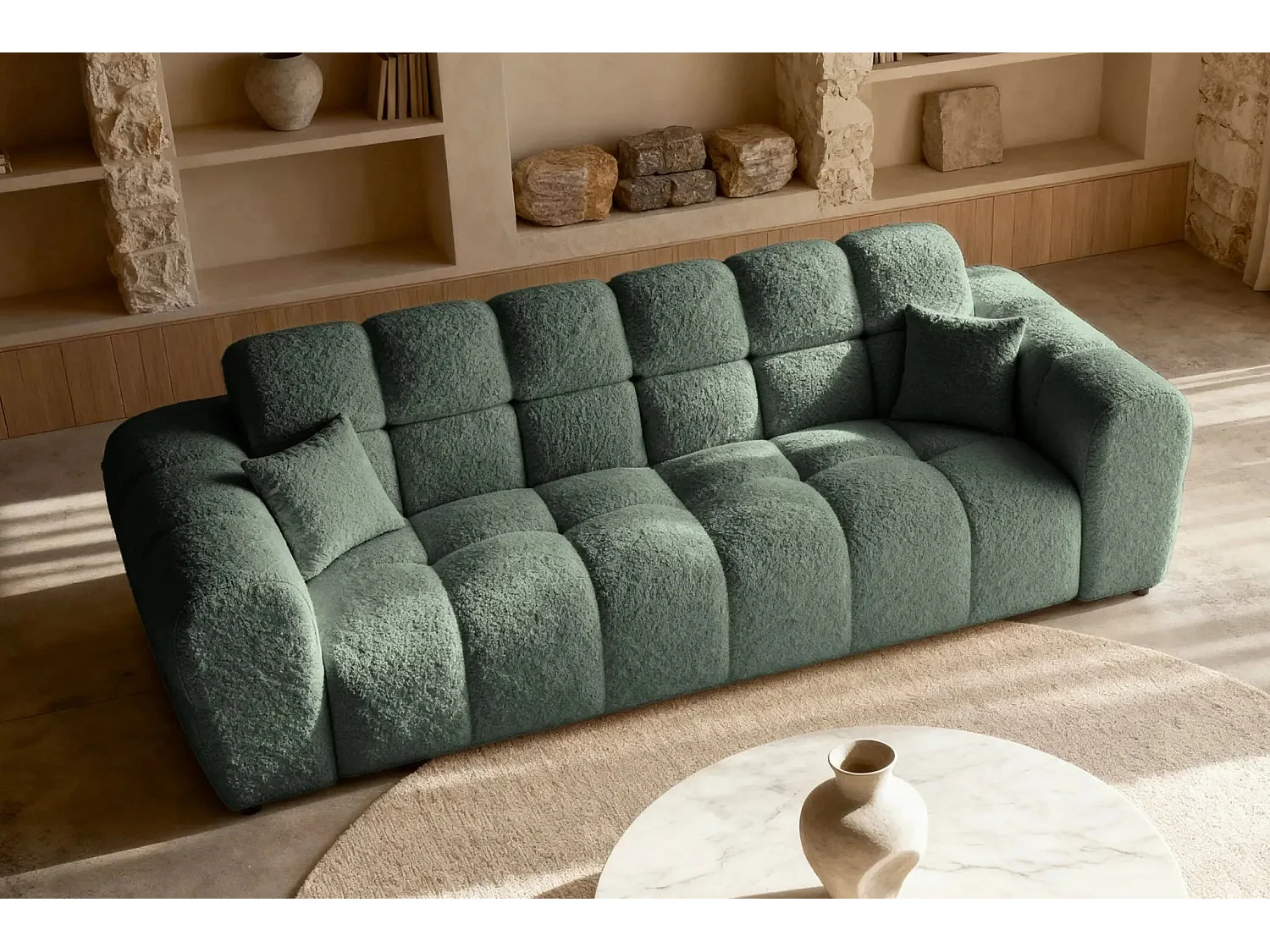 ALEXIA - Canapé droit tissu bouclette 3 places - Vert