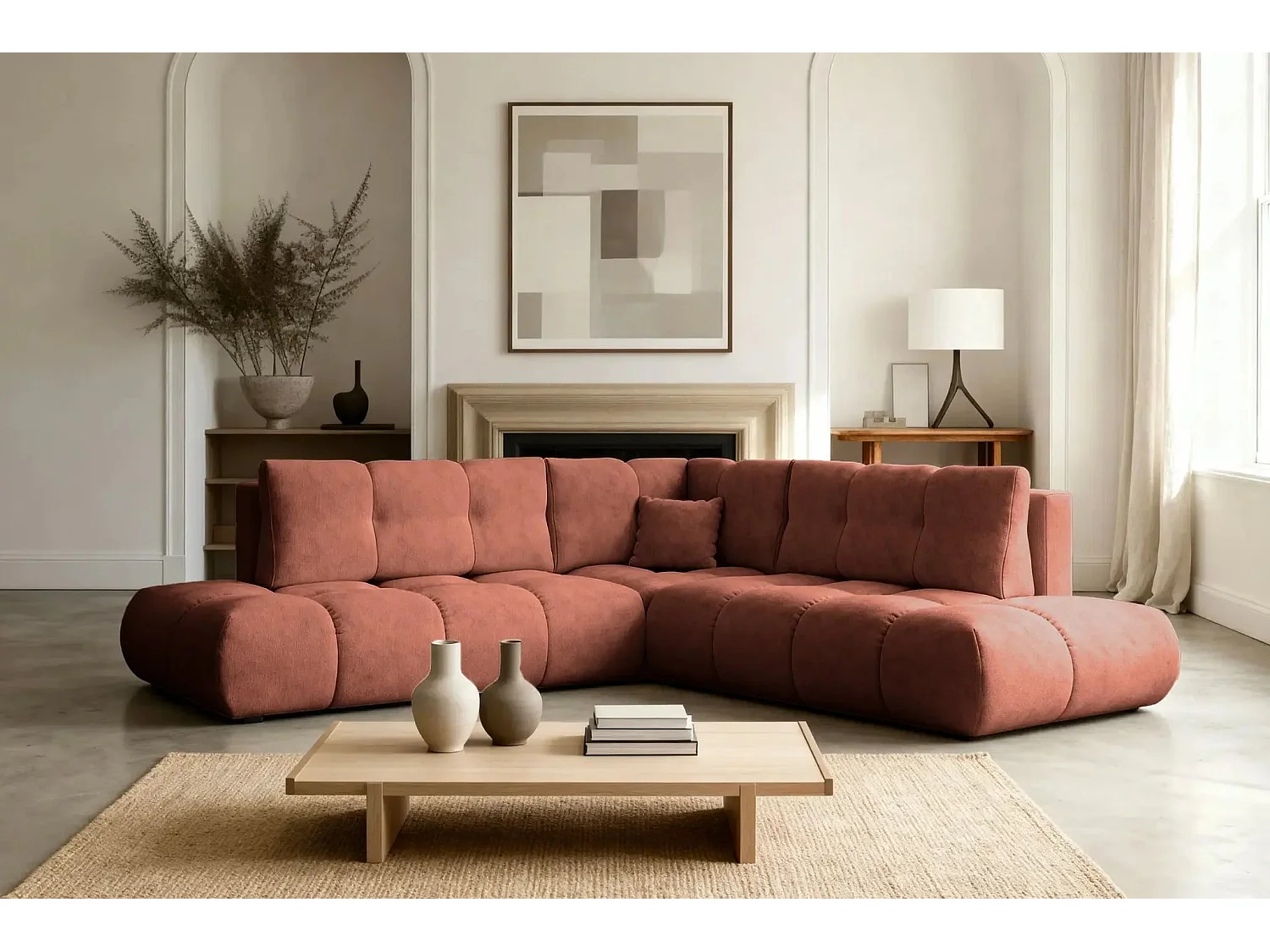 CONSTANCE L - Canapé d'angle convertible tissu chenille 4 places - Café - Gauche