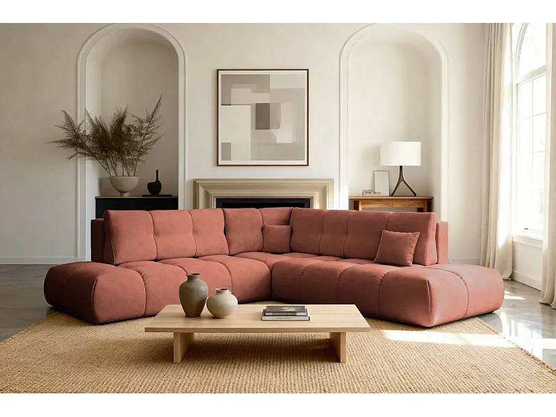 CONSTANCE L - Canapé d'angle convertible tissu chenille 4 places - Café - Gauche