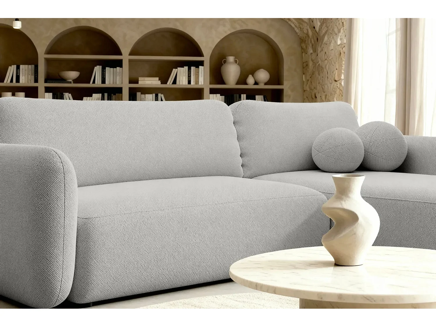 GIGI - Canapé d'angle convertible tissu bouclette 4 places - Gris clair- Droit