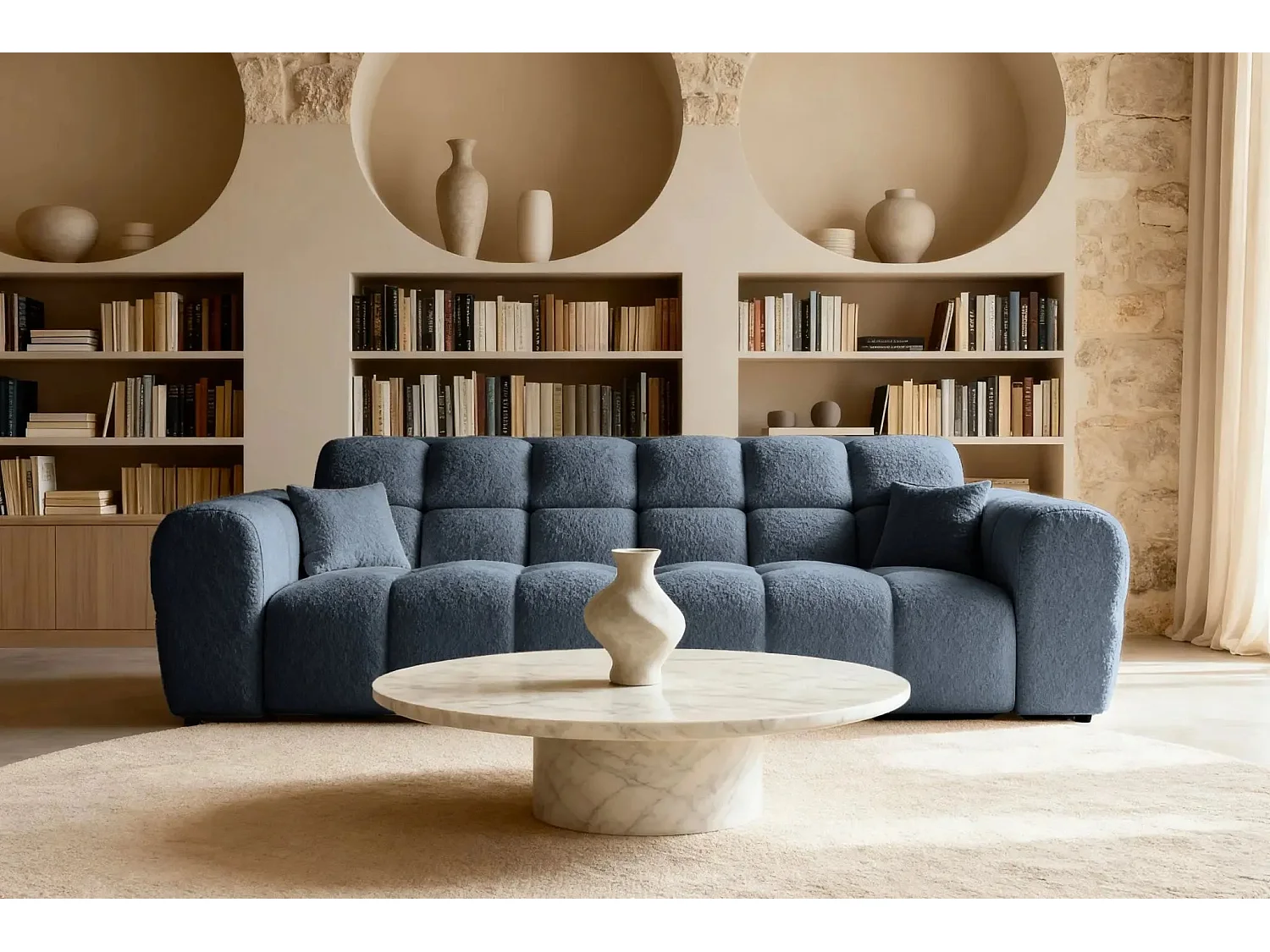 ALEXIA - Canapé droit tissu bouclette 3 places - Bleu