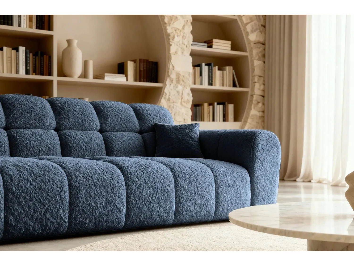 ALEXIA - Canapé droit tissu bouclette 3 places - Bleu