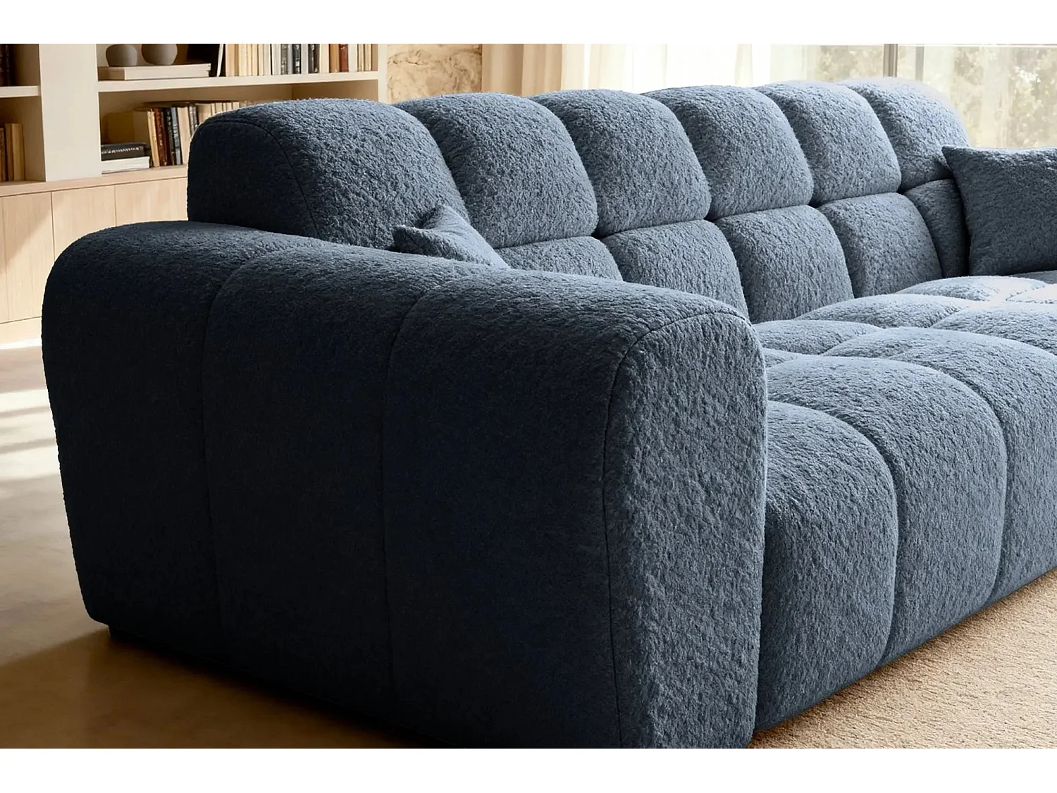 ALEXIA - Canapé droit tissu bouclette 3 places - Bleu