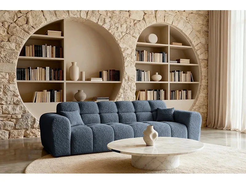 ALEXIA - Canapé droit tissu bouclette 3 places - Bleu