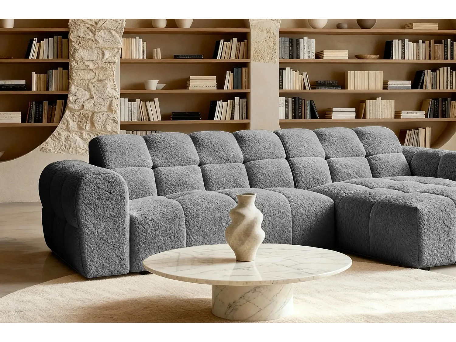 ALEXIA - Canapé d'angle tissu bouclette 4 places - Gris anthracite - Droit